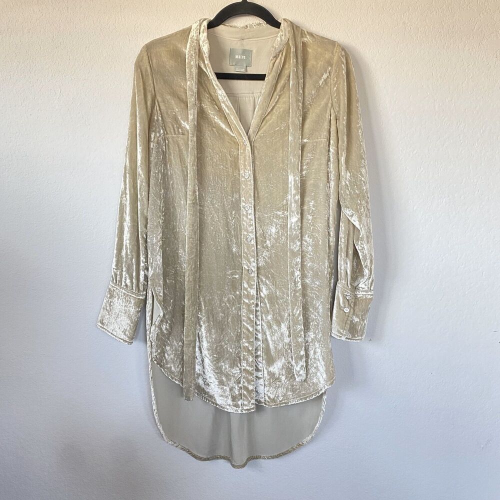 Maeve Womens Long Sleeve Hi-Lo Crushed Velvet Button Down Champaign Shirt Size 0 - Picture 2 of 15